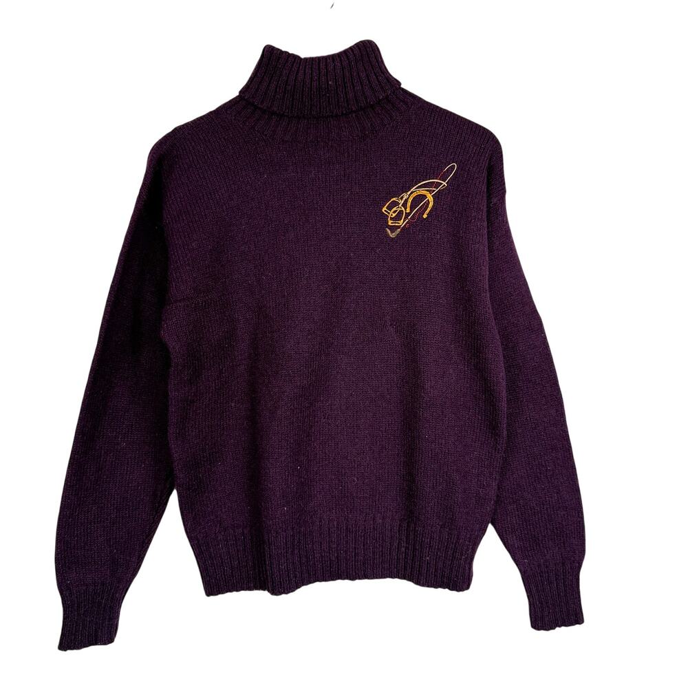 Vintage 90s Ralph Lauren 100% Wool Turtleneck Sweater Purple Horse Bit - M